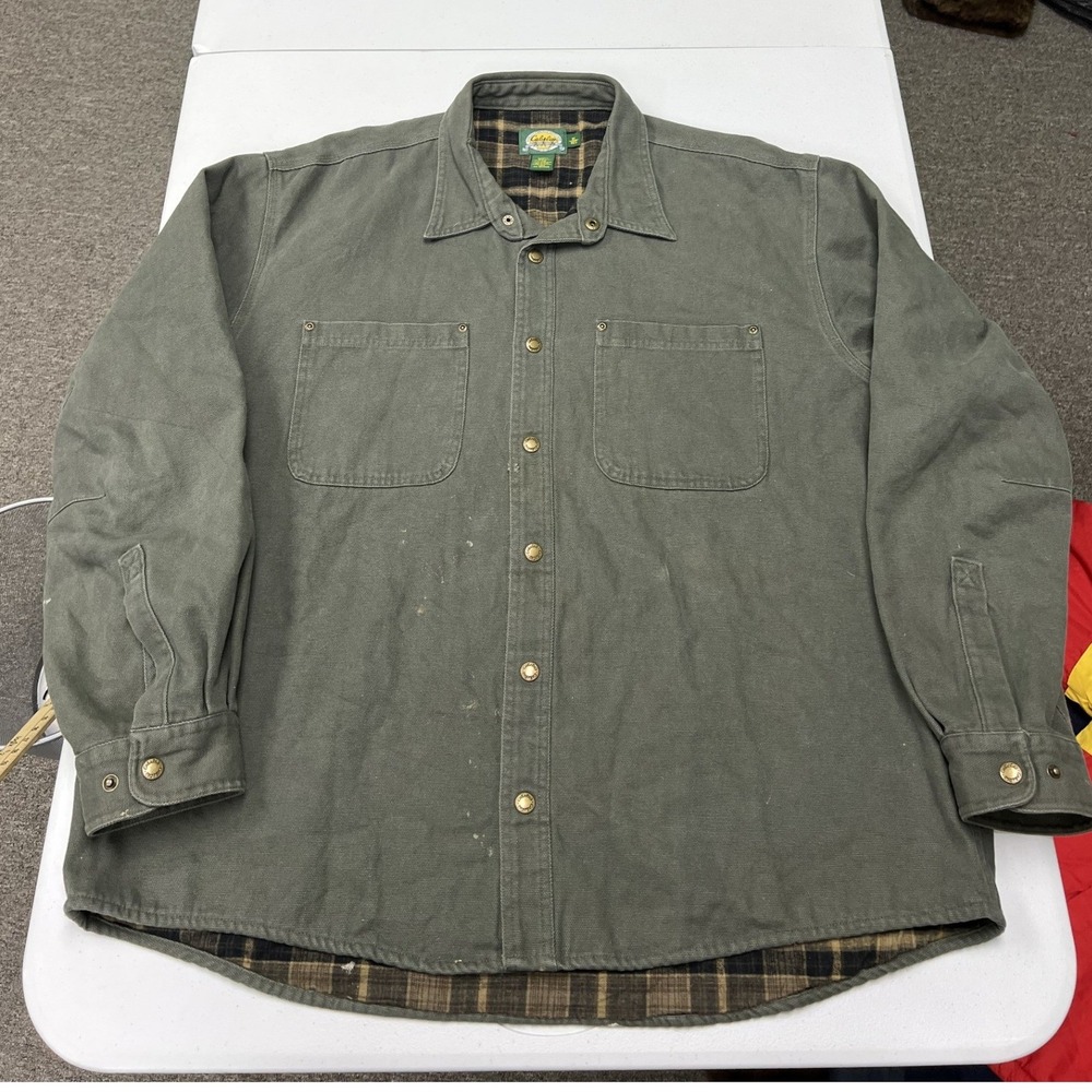 Cabelas Shirt Jacket Mens XL Green Plaid Lined Canvas Workwear Distressed